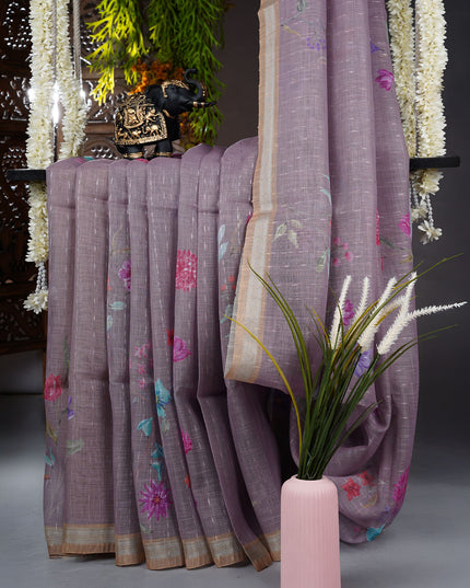 Lenin Silk saree with Floral Pallu and Silver Zari Border- Lavender