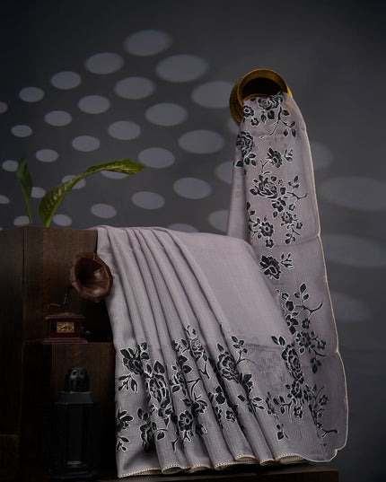 Kota Silk Saree Floral Print Ari Work With Lace Border - Grey