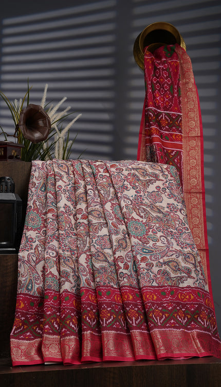 Semi Tusser Silk with Pashmina Print with Kanchi Border- Beige