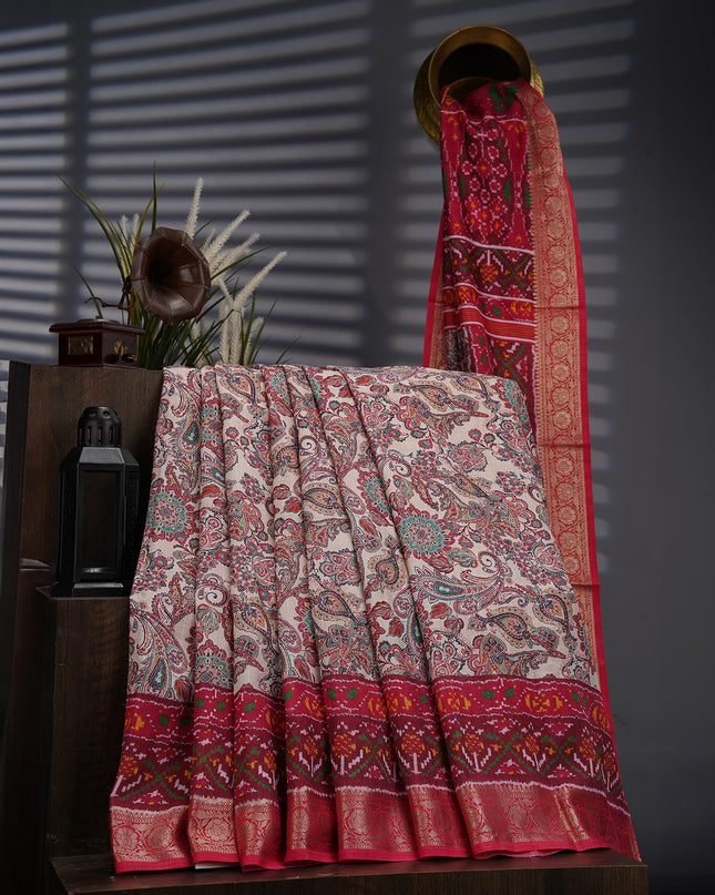 Semi Tusser Silk with Pashmina Print with Kanchi Border- Beige