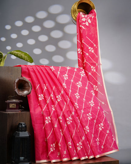 Silk Kota Saree With Allover Thread Embroidery Work With Gold Border -  Pink
