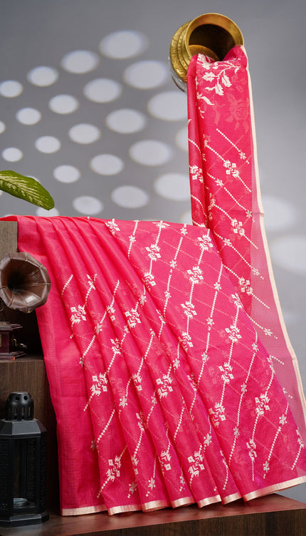 Silk Kota Saree With Allover Thread Embroidery Work With Gold Border -  Pink