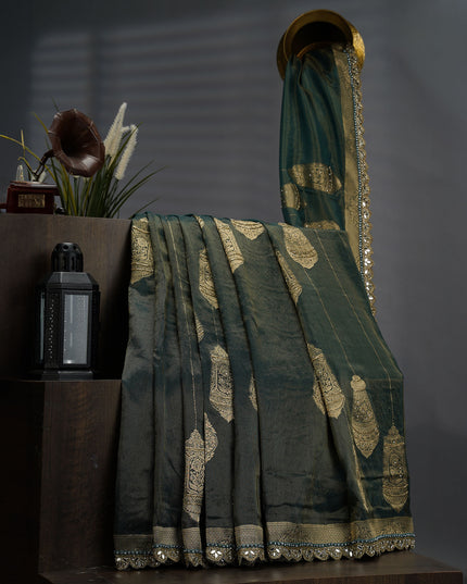 Tissue Banaras Silk With Kardhana Stone Work And Scallop Border - Bottle Green