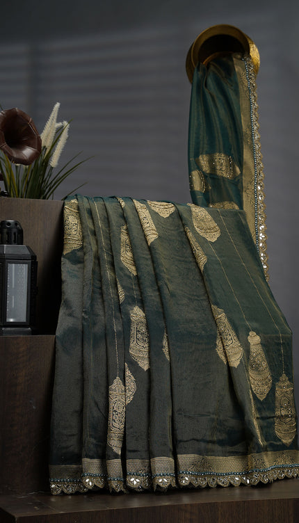 Tissue Banaras Silk With Kardhana Stone Work And Scallop Border - Bottle Green