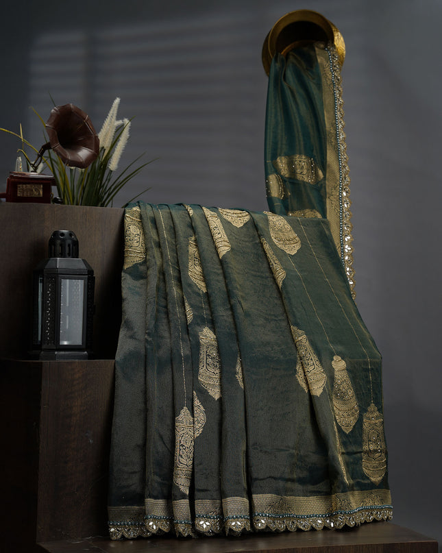 Tissue Banaras Silk With Kardhana Stone Work And Scallop Border - Bottle Green