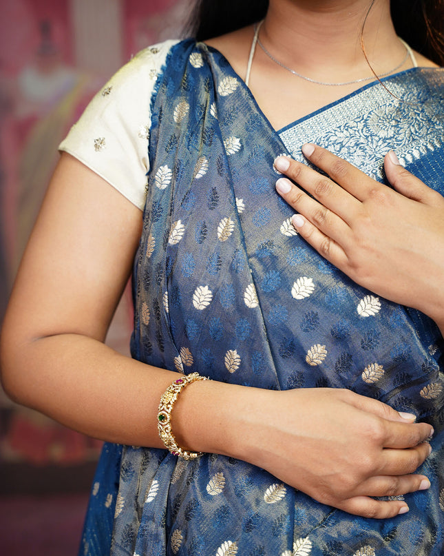 Korean Crepe Saree With Golden Buttis & Border - Teal Blue