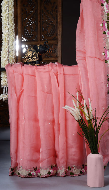 Russian crape saree with thread work and scallop border - Pink