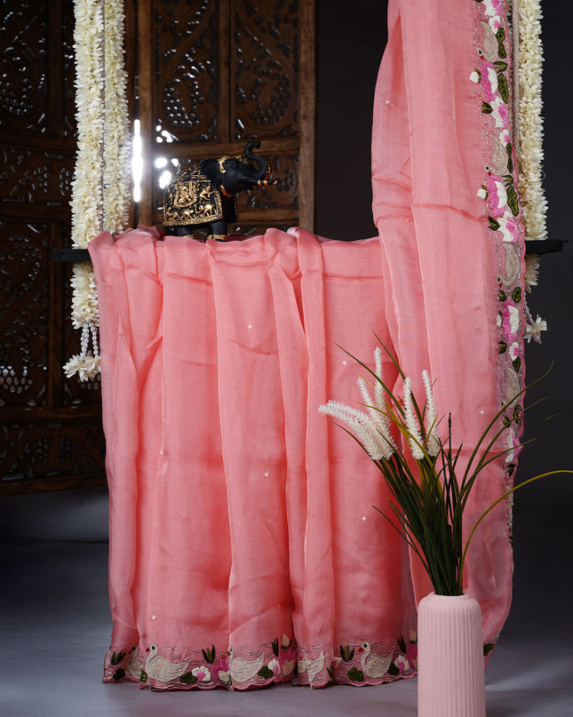 Russian crape saree with thread work and scallop border - Pink