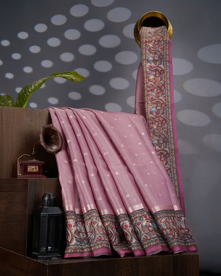 Tissue Kota Sarees with Gold Butties and Contrast Floral Print Border- Onion Pink