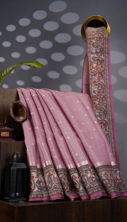 Tissue Kota Sarees with Gold Butties and Contrast Floral Print Border- Onion Pink