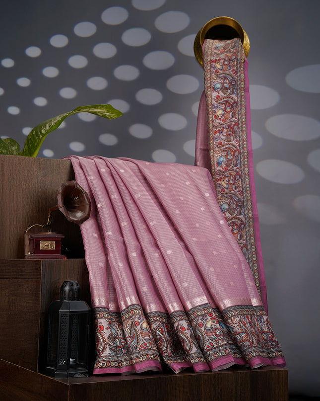 Tissue Kota Sarees with Gold Butties and Contrast Floral Print Border- Onion Pink