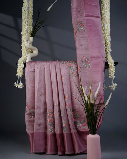 Jute Tusser Silk Saree with Thread Embroidery Work and Satin Border- Onion Pink