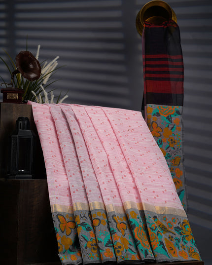 Chanderi Silk Saree With Floral Print Border - Baby Pink