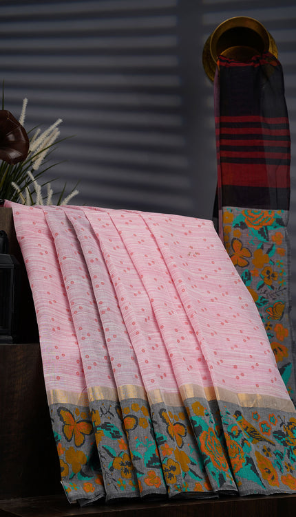 Chanderi Silk Saree With Floral Print Border - Baby Pink