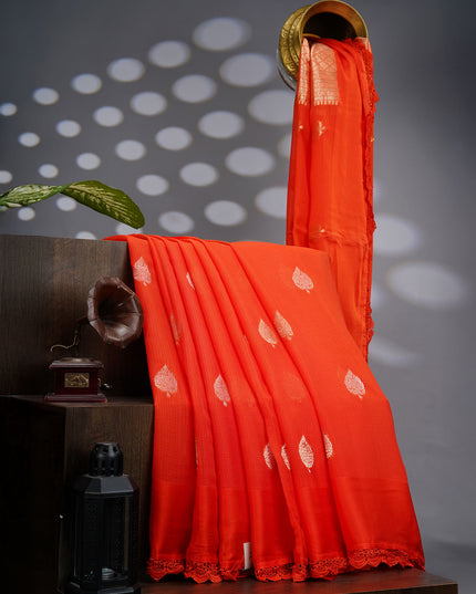 Kota Silk Saree With Golden Butties & Lace Border - Orange