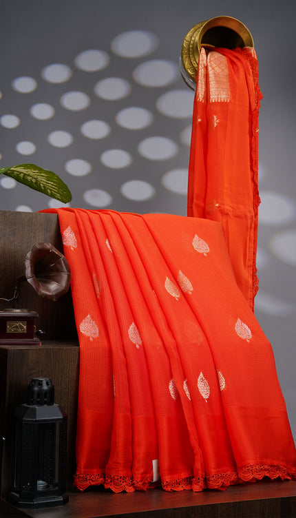 Kota Silk Saree With Golden Butties & Lace Border - Orange