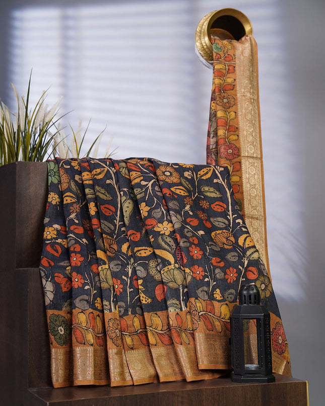 Tussar Kalamkari Print with Kanchi Border - Char Coal