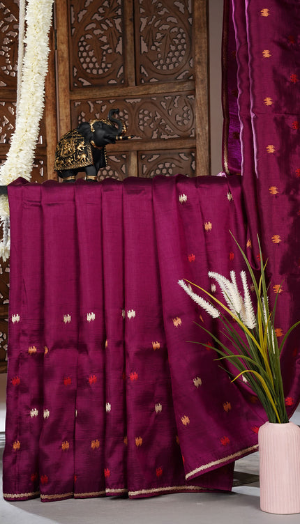Dupion silk saree with thread butties and border - Wine