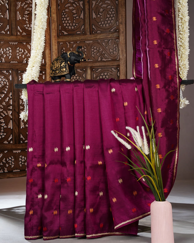 Dupion silk saree with thread butties and border - Wine