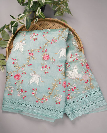 Soft Tissue Organza Silk with All Over Embroidery with Cut Work Border