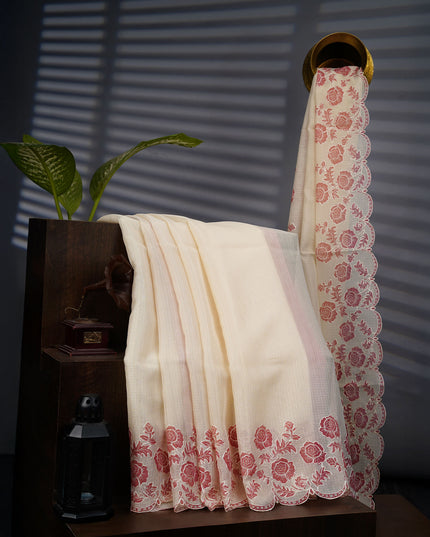 Kota Silk Saree with Thread Embroidery With Scallop Border - Cream & Peach