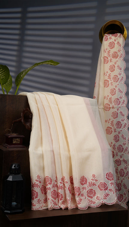 Kota Silk Saree with Thread Embroidery With Scallop Border - Cream & Peach
