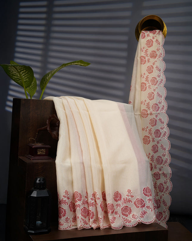 Kota Silk Saree with Thread Embroidery With Scallop Border - Cream & Peach