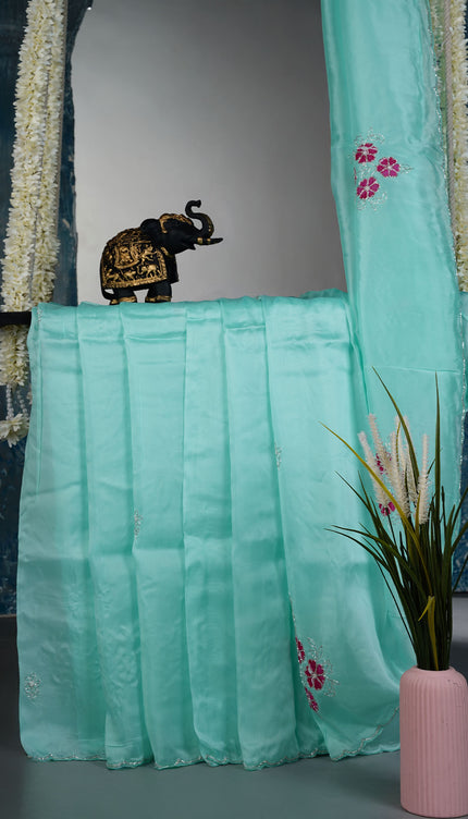 Russian Silk saree with Kardhana and applique Work with Scallop Border - Sea Green