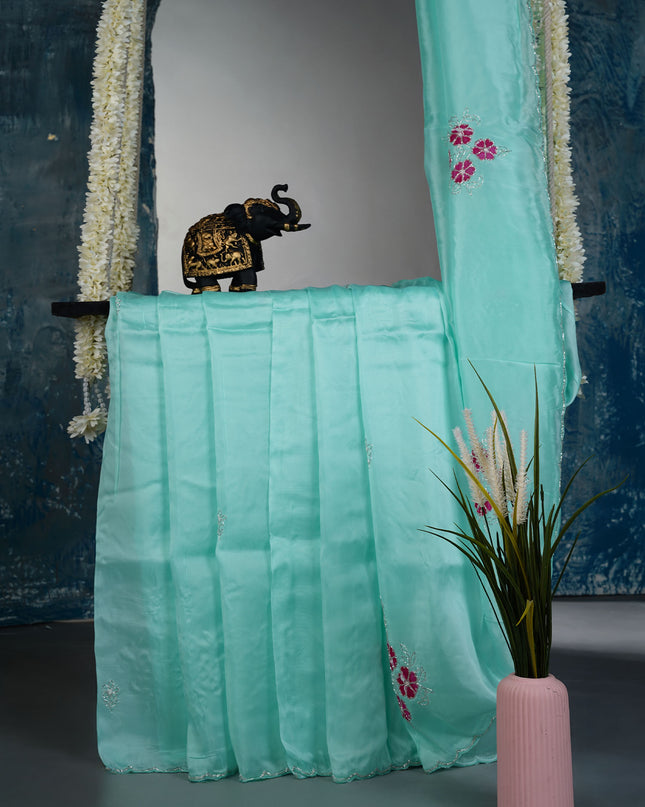 Russian Silk saree with Kardhana and applique Work with Scallop Border - Sea Green