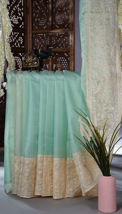 Kota silk saree with thread  work border - Sea Green