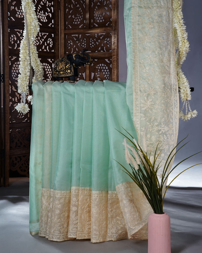 Kota silk saree with thread  work border - Sea Green