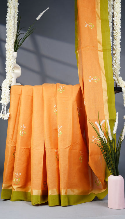 Cotton Saree with Hand Embroidery Cross Stitch Pattern- Rust