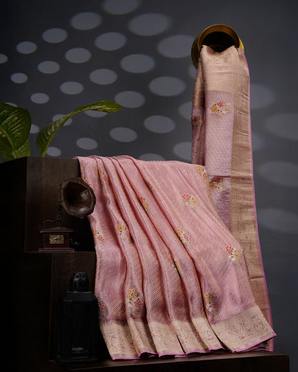 Tissue Banarasi Silk Saree With Meenakari Butties & Gold Zari Border - Baby Pink