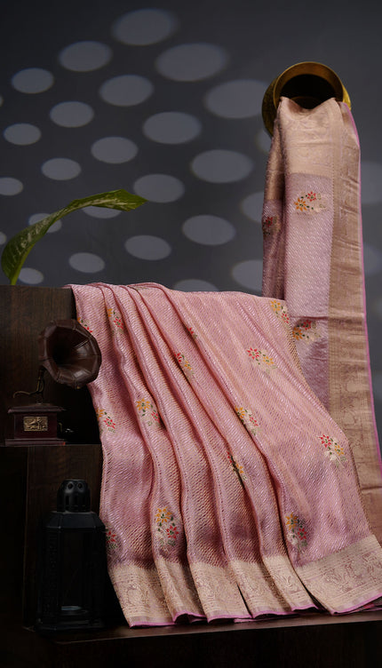 Tissue Banarasi Silk Saree With Meenakari Butties & Gold Zari Border - Baby Pink