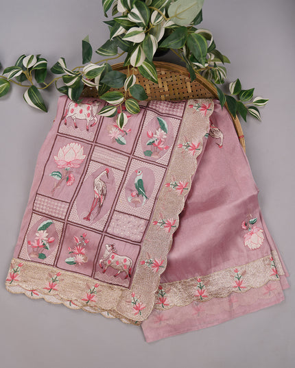 Tissue Soft Organza Silk with Zari & Thread Embroidery, Pichwai design