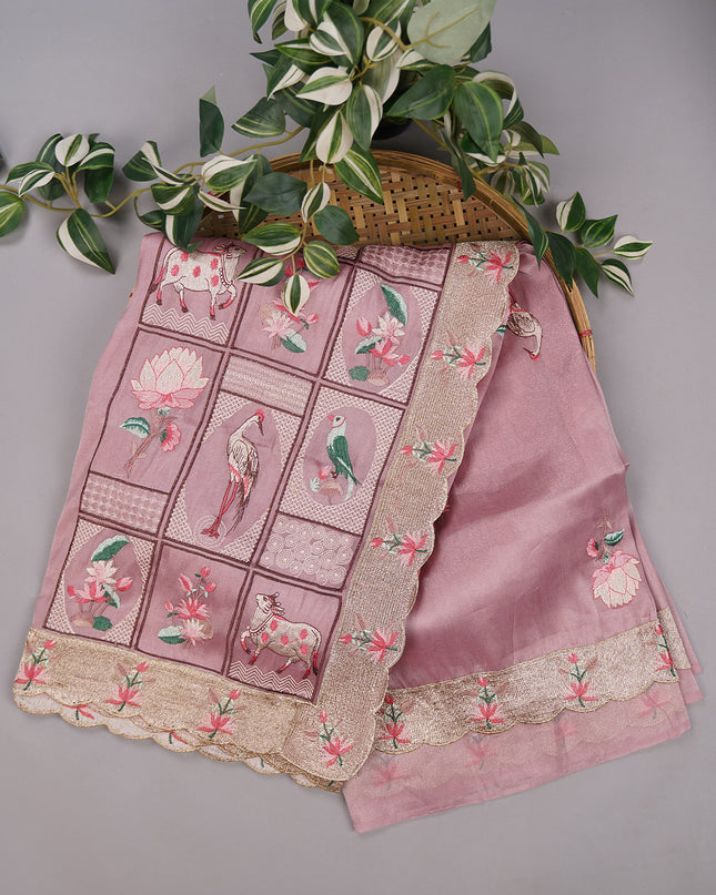 Tissue Soft Organza Silk with Zari & Thread Embroidery, Pichwai design