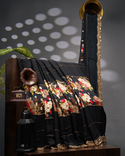 Crepe Saree With Floral Print Scallop Border Kardhana Sequence Work - Black