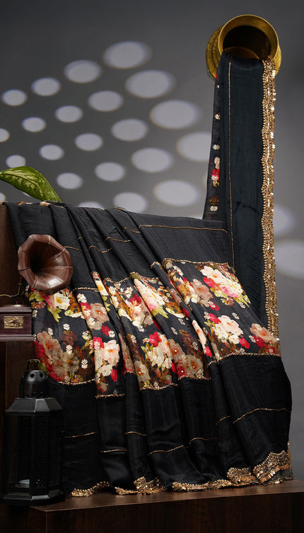 Crepe Saree With Floral Print Scallop Border Kardhana Sequence Work - Black