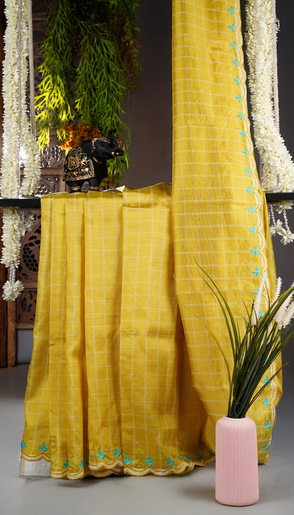 Mangalagiri Silk Saree with Thread Work and Scallop Border- Mehindhi