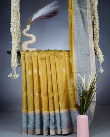 Tissue Banaras Golden Butties With Contrast Border - Yellow