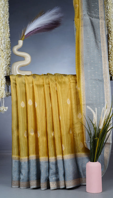 Tissue Banaras Golden Butties With Contrast Border - Yellow