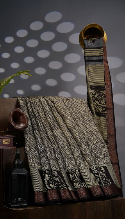 Muslin Silk Saree with Antique Zari Border- Black