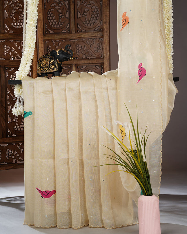 Tissue linen saree with applique work butties and scallop border - Beige