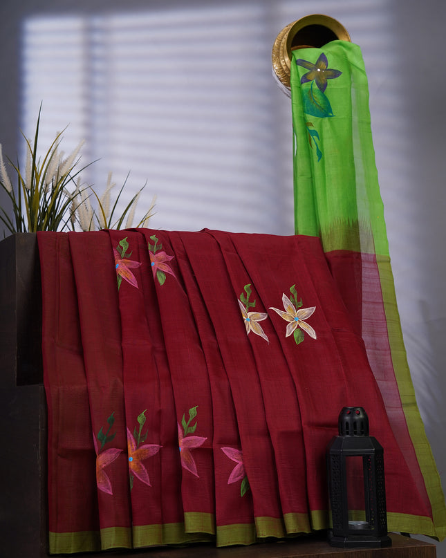 Mangalagiri Silk Hand Painted Saree - Maroon