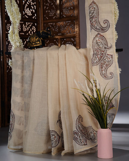 Tissue linen saree with Mango Butties And Dori work With Lace border - Lemon Yellow