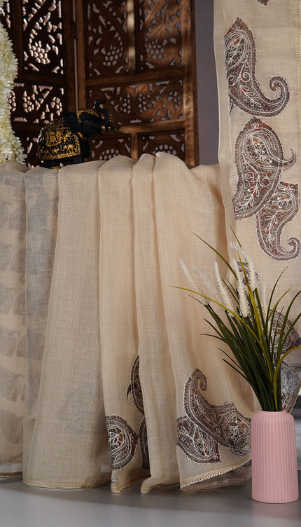 Tissue linen saree with Mango Butties And Dori work With Lace border - Lemon Yellow