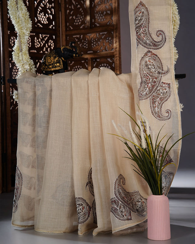 Tissue linen saree with Mango Butties And Dori work With Lace border - Lemon Yellow