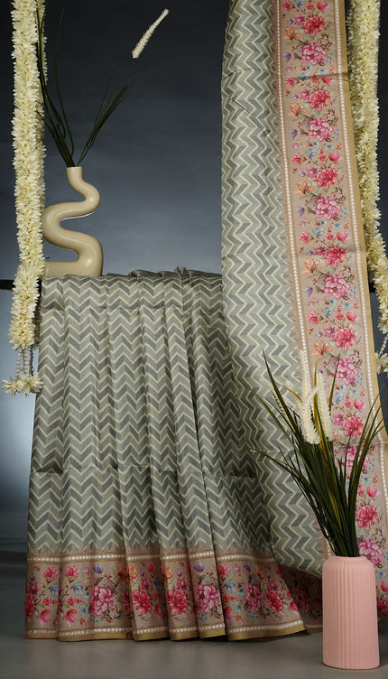 Tusser Silk Saree with Floral Print Border- Light Green