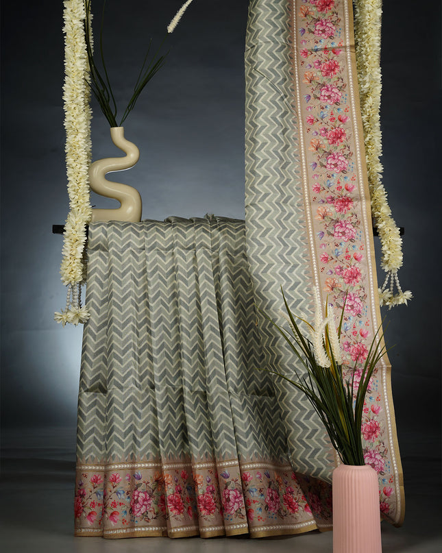 Tusser Silk Saree with Floral Print Border- Light Green
