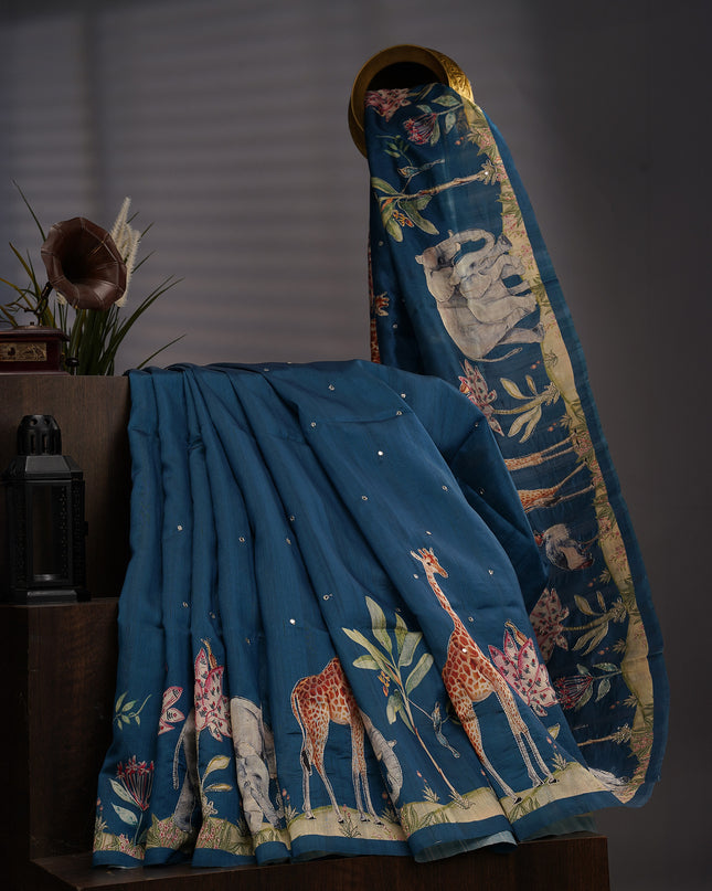 Tusser Silk Allover Mirror With Ari Work - Peacock Blue